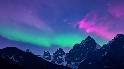Wall Mural - Wispy streaks of pink and blue light paint the night sky casting a mystical glow over the jagged mountain peaks.