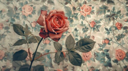 Poster - Vintage red rose with retro floral background in minimal romantic style