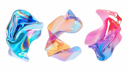 Poster - Set of rainbow gradient effect holographic metal blobs, isolated on white background. 3D geometric illustration of iridescent chrome fluid bubbles.