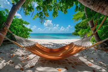 Relaxing hammock under palm trees with ocean view on sunny tropical beach, copyspace for text