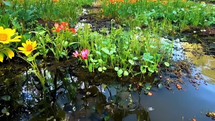 Sticker - Vibrant flowers and plants burst through the murky waters proving that life can thrive even in the moist and muddy swamp.