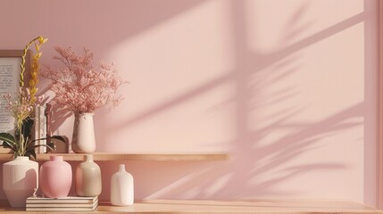 Poster - A shelf unit displays books, vases, and photo frames against a soft pastel wall, creating a warm and inviting atmosphere. Generative AI