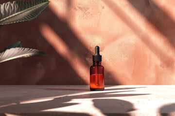 Elegant amber dropper bottle set against a soft, warm-toned backdrop with dramatic shadows