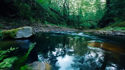 Sticker - The air is filled with the earthy scents of damp leaves and fresh water as the stream carries on through the serene forest.