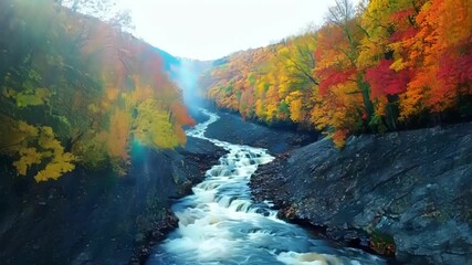 Sticker - The stream s through a narrow gorge surrounded by towering cliffs and an explosion of autumn colors.