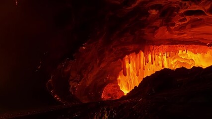 Canvas Print - Against a backdrop of darkness the bright orange hues of flowing lava light up the inside of the lava tube giving a surreal and otherworldly feel.