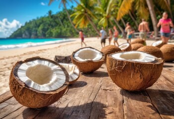 coconuts on a wooden table tith a tropicla beach on background