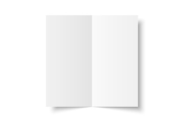 Vector white blank vertical bi fold opened on white background. Bifold, leaflet, brochure, booklet, flyer or invitation card mockup. Mock up front side isolated. 3D illustration