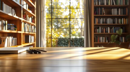 Sticker - Desk made of wood against out of focus bookshelf and window backdrop