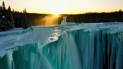 Wall Mural - The contrast between the rigid frozen waterfall and the soft golden light of dusk showcasing the delicate balance of nature.