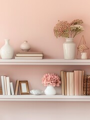 Poster - Decorative items including books, vases, and photo frames are organized on a shelf unit against a soft pastel wall, creating a calming atmosphere. Generative AI