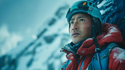 Asian male mountaineer or mountaineering guide, copy space, serious or sad expression
