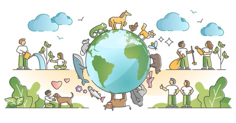 Wall Mural - Biodiversity and environmental animal species protection outline concept, transparent background. Various mammals wildlife preservation with natural habitat respect and care illustration.