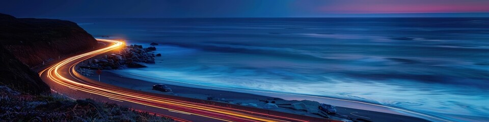 Wall Mural - A long exposure image of a coastal road at night, with the light trails of cars bending along the shore, and the ocean waves gently crashing in the background