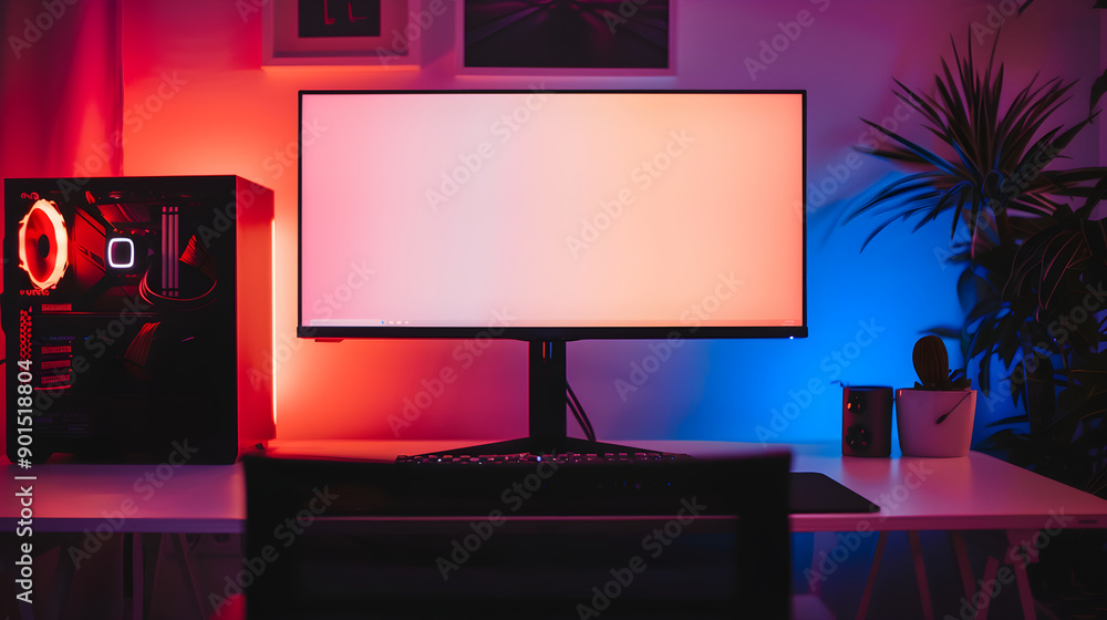A computer setup with a large monitor displays a gradient background ...