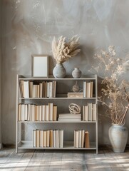Poster - The shelf unit showcases decorative items like books, vases, and frames, harmonizing beautifully with the soft pastel backdrop. Generative AI