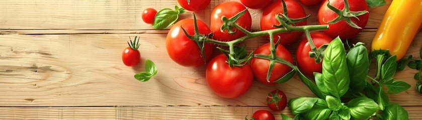 Fresh tomatoes and basil on a wooden surface. Organic vegetables, perfect for cooking, salads, and healthy recipes, vibrant and colorful.