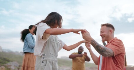 Wall Mural - Friends, dance and beach party in nature with freedom, energy and bonding outdoor together. Travel, reunion and people moving to music at sea in celebration of vacation, birthday or New Year in Miami