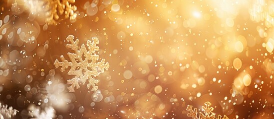 Canvas Print - Blurred golden background with white bokeh snowflakes and copy space image