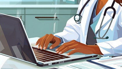 female doctor working with computer or laptop illustration