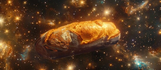 Poster - Bread floating in a cosmic setting surrounded by brilliant stars with a blank background for inserting images. Copy space image. Place for adding text and design