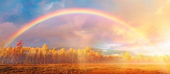 Poster - Colorful rainbow in a horizontal autumn landscape photo with ample copy space image