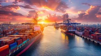 Container ships docked in a port at sunset