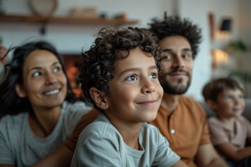 A heartwarming moment capturing a happy family with a smiling child in the foreground, depicting family unity, warmth, and the importance of togetherness at home.