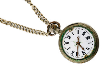 an old pocket watch on a white background, on which you can see the passage of time literally as well as symbolically