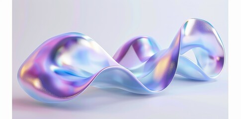 The abstract curved shape of a future wave is composed of a transparent iridescent ribbon with a geometric element with a gradient of refraction. The texture is composed of three-dimensional glass.