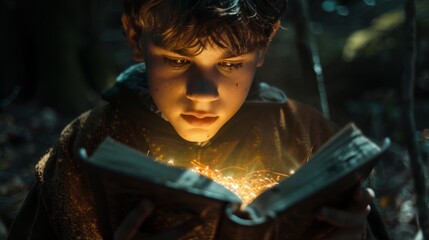 A young wizard intently reads an ancient glowing tome, surrounded by the mystical ambiance of a dark enchanted forest