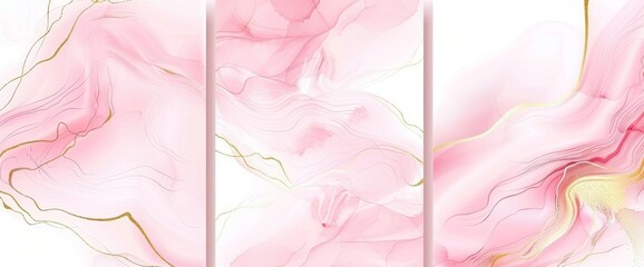 Wall Mural - Decorative pink and gold liquid watercolor background template for wedding invitations. Pastel marble alcohol ink illustration effect.