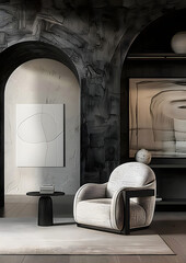 Wall Mural - Accent armchair against arch and black stucco wall. Minimalist, japandi interior design of modern living room.