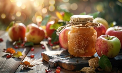 Wall Mural - Apple jam in a glass jar with a ribbon tied