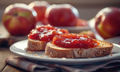 Wall Mural - Apple jam spread on toast with fresh apples in the background