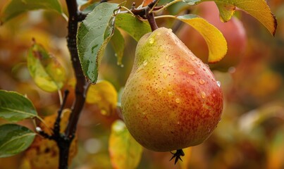 Close-up of a ripe pear hanging from a tree branch