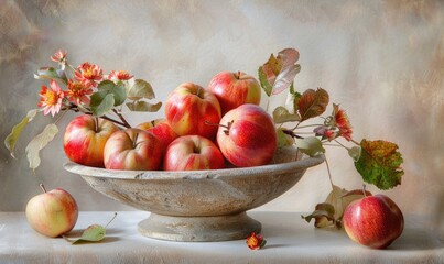 Wall Mural - Close-up of autumn apples in a stone bowl