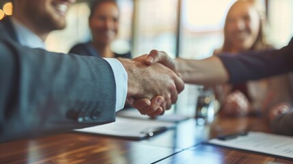 Wall Mural - Two business partners smile while shaking hands at a conference table, demonstrating trust and collaboration in a modern meeting space