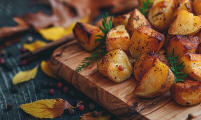 Wall Mural - Close-up view of roasted potatoes on a wooden board