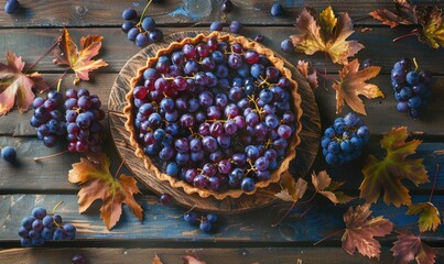 Wall Mural - Grape tart on a rustic wooden table