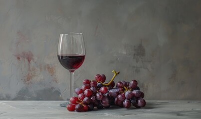 Wall Mural - Grapes on a neutral grey background with a glass of red wine