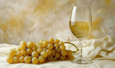 Wall Mural - Grapes on a soft cream background with a glass of white wine