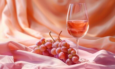 Wall Mural - Grapes on a soft peach background with a glass of rose wine