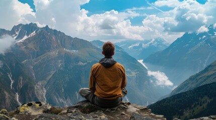 Looking at Mountains. Holiday Maker Sitting and Admiring the Majestic Landscape