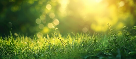 Wall Mural - Nature setting with lush meadow grass in the foreground and a blurred background, ideal for a copy space image.