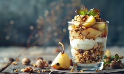 Wall Mural - Pear and yogurt parfait in a glass