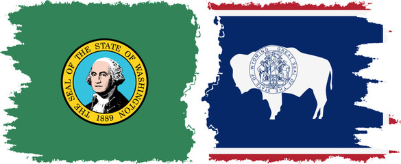 Wyoming and Washington states grunge brush flags connection, vector