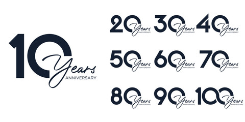 collection anniversary 10 to 100 year logo designs. abstract number for celebration event, wedding, 