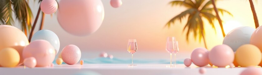 3D illustration of a business dinner with pastel pink and pale yellow tones focus on, client engagement, whimsical, composite, restaurant backdrop