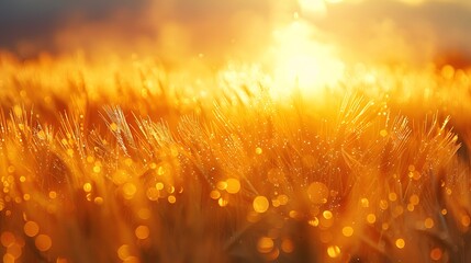 Wall Mural - golden wheat field at dusk, warm sunset light, soft focus, backlit wheat ears, rich amber tones, dra